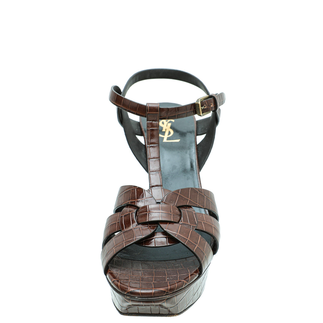 YSL Brown Croc Embossed Mid Heel Tribute Sandals 41