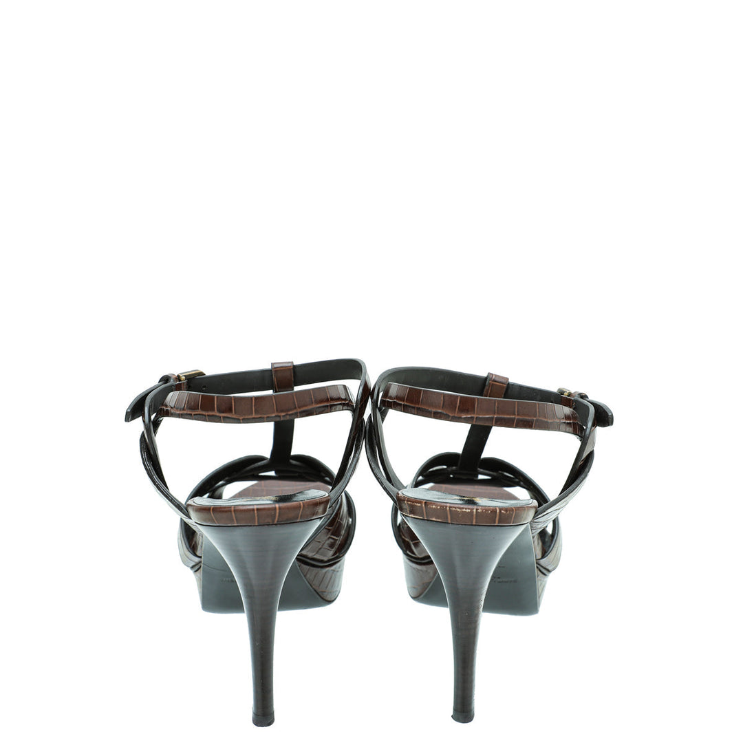 YSL Brown Croc Embossed Mid Heel Tribute Sandals 41