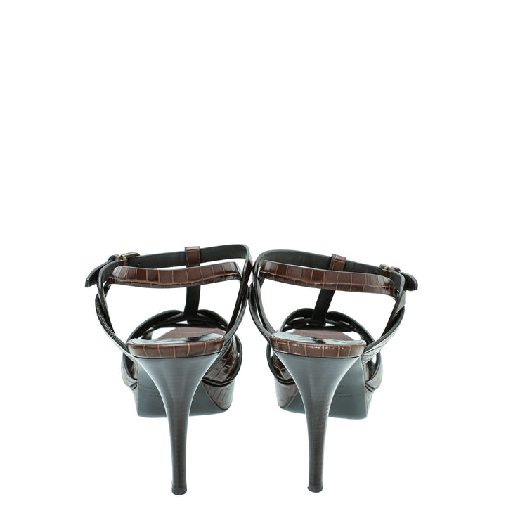 YSL Brown Croc Embossed Mid Heel Tribute Sandals 41