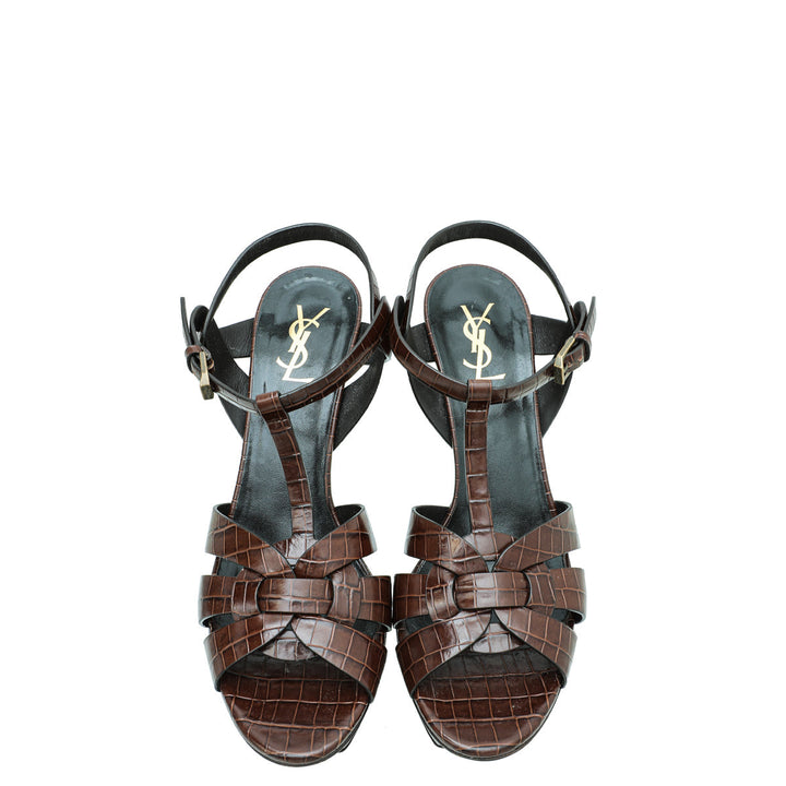 YSL Brown Croc Embossed Mid Heel Tribute Sandals 41