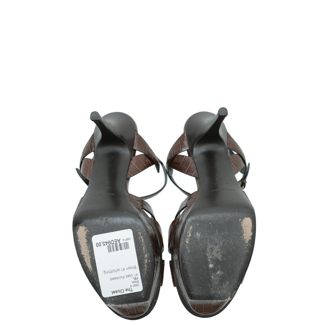 YSL Brown Croc Embossed Mid Heel Tribute Sandals 41