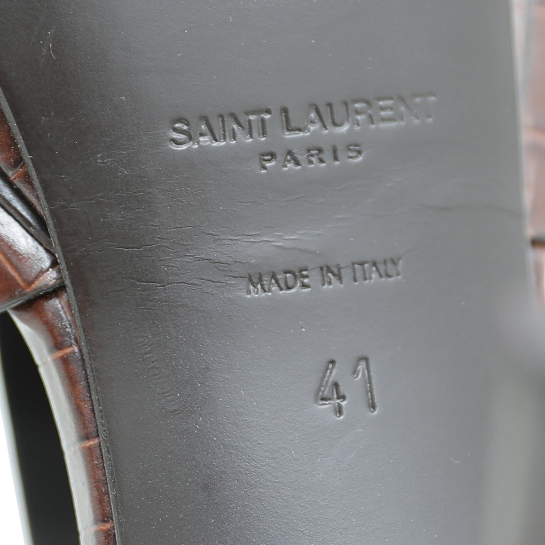 YSL Brown Croc Embossed Mid Heel Tribute Sandals 41