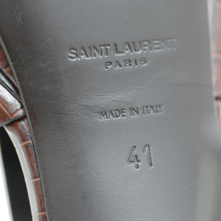 YSL Brown Croc Embossed Mid Heel Tribute Sandals 41