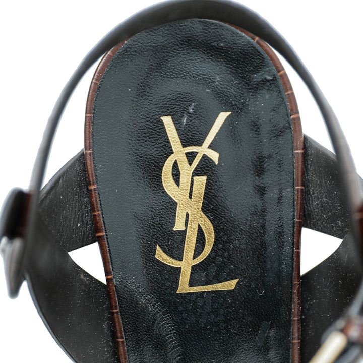 YSL Brown Croc Embossed Mid Heel Tribute Sandals 41