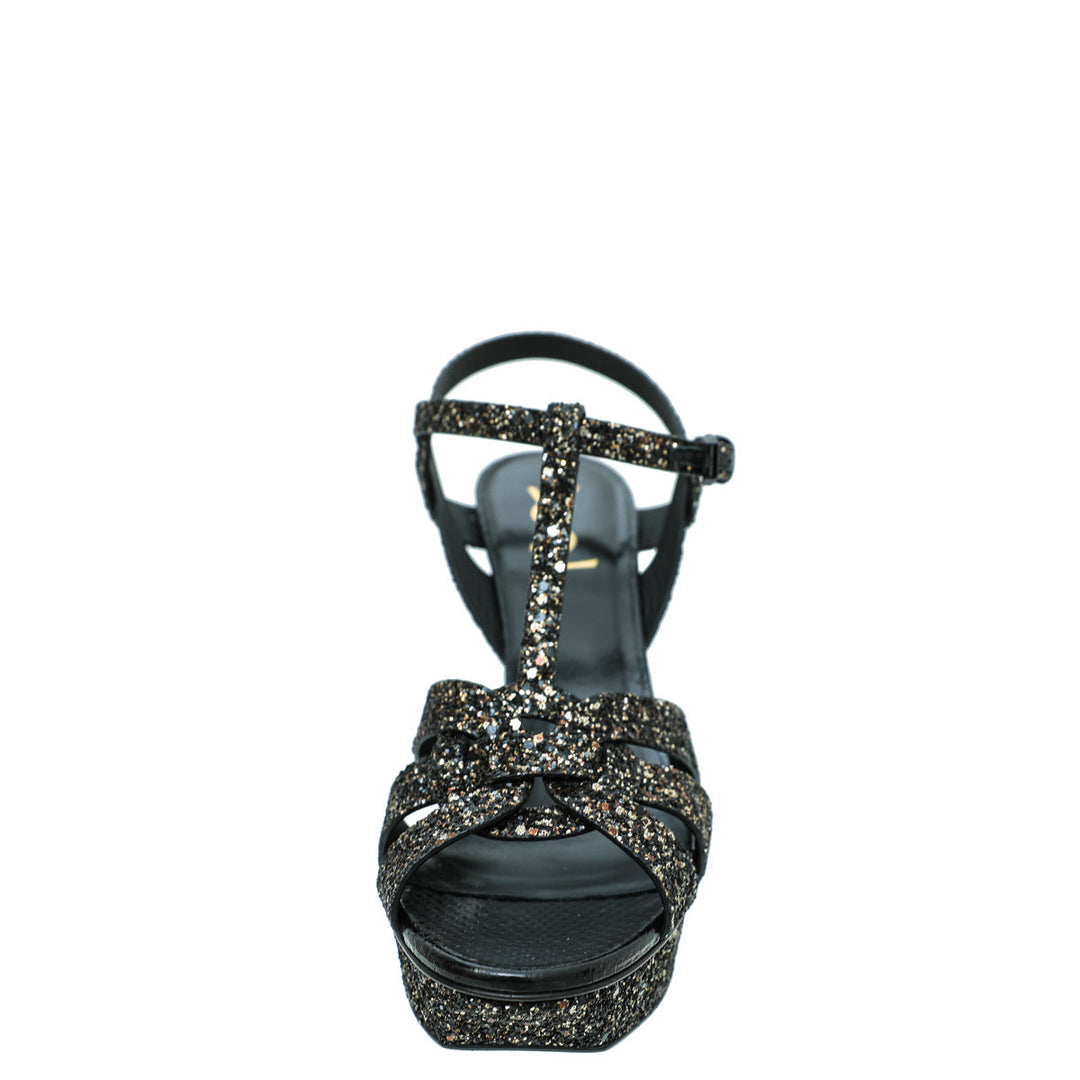 YSL Black Glitter Calfskin Ayers Mid Heel Tribute Sandals 41