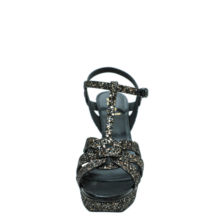 YSL Black Glitter Calfskin Ayers Mid Heel Tribute Sandals 41