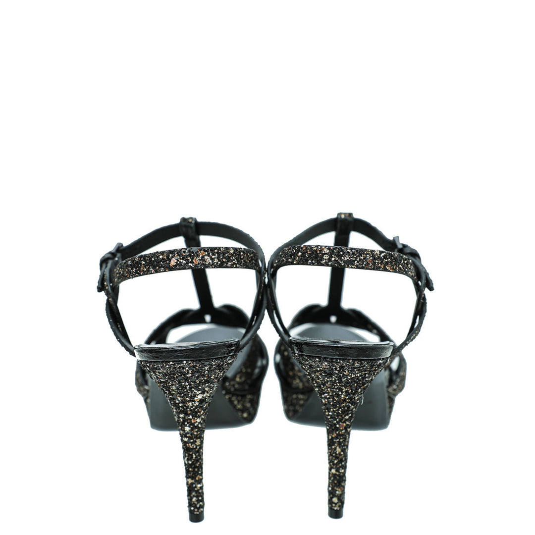 YSL Black Glitter Calfskin Ayers Mid Heel Tribute Sandals 41