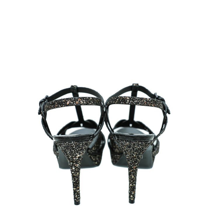 YSL Black Glitter Calfskin Ayers Mid Heel Tribute Sandals 41