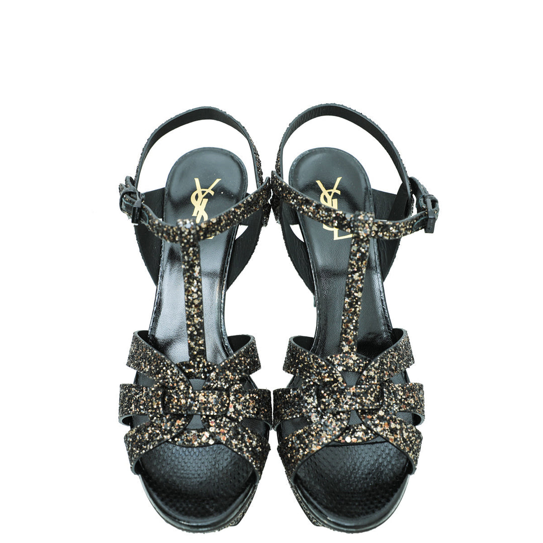 YSL Black Glitter Calfskin Ayers Mid Heel Tribute Sandals 41