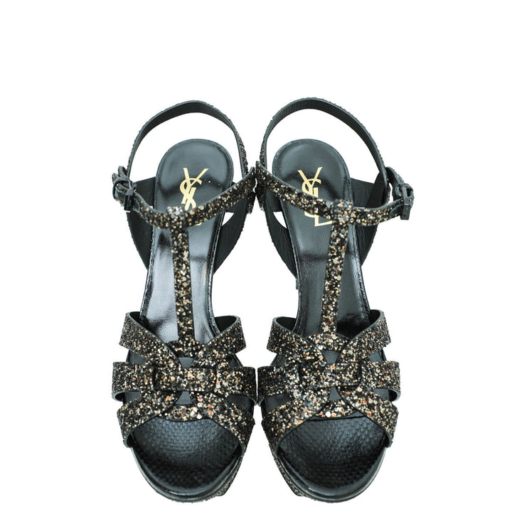 YSL Black Glitter Calfskin Ayers Mid Heel Tribute Sandals 41