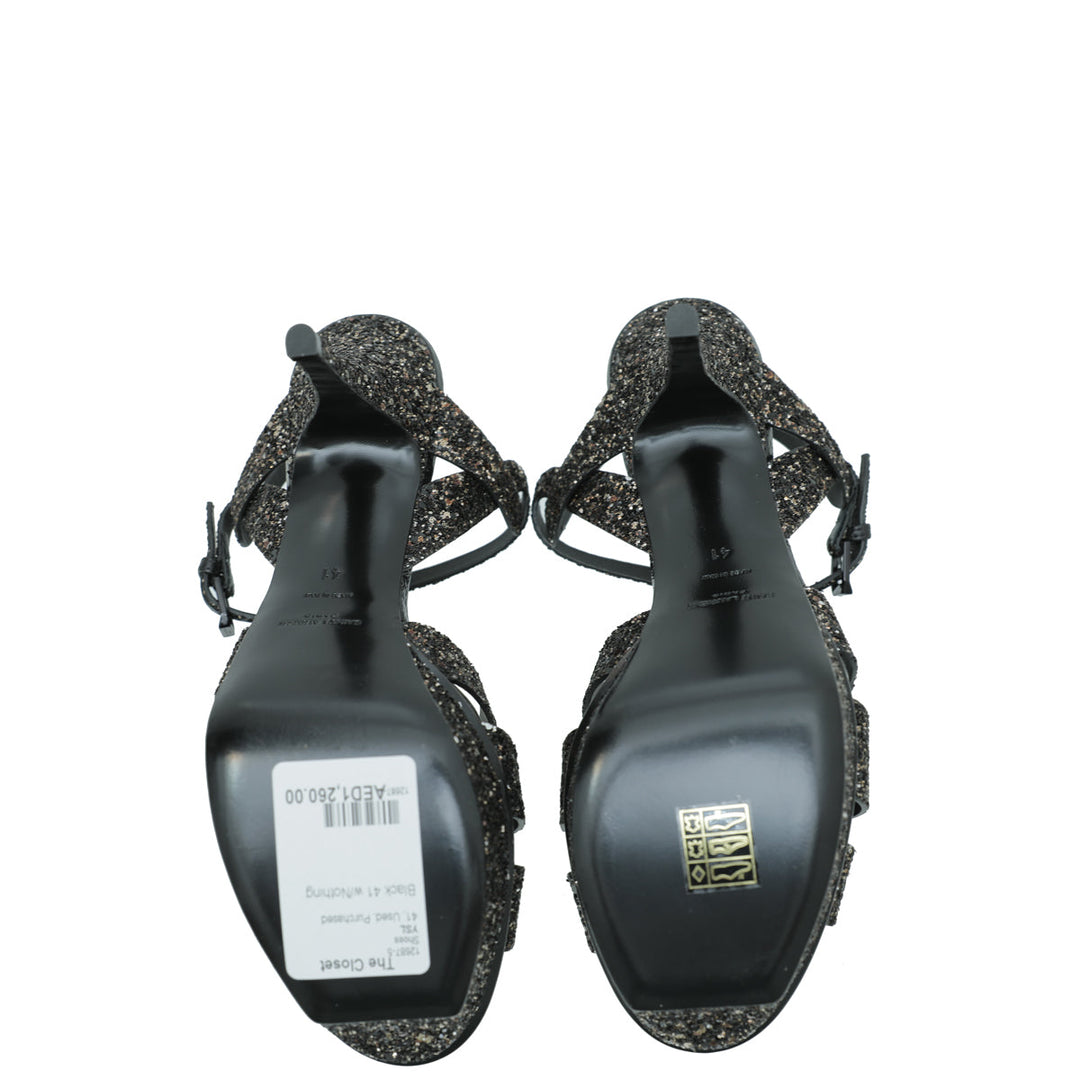 YSL Black Glitter Calfskin Ayers Mid Heel Tribute Sandals 41