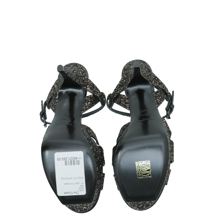 YSL Black Glitter Calfskin Ayers Mid Heel Tribute Sandals 41