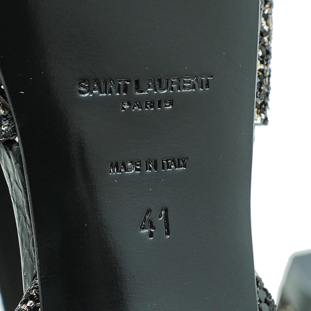 YSL Black Glitter Calfskin Ayers Mid Heel Tribute Sandals 41