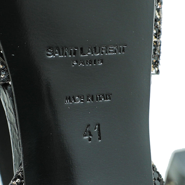 YSL Black Glitter Calfskin Ayers Mid Heel Tribute Sandals 41