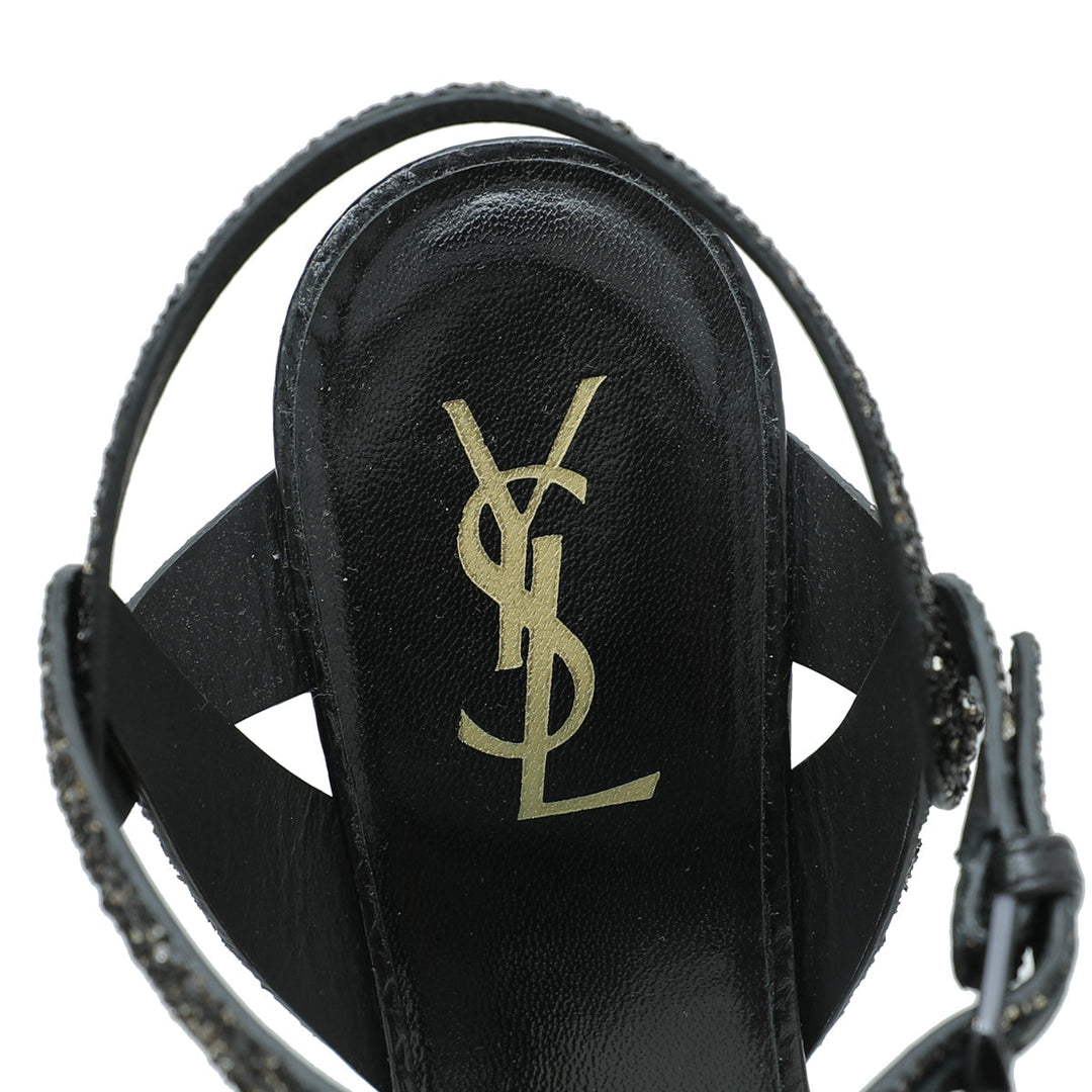 YSL Black Glitter Calfskin Ayers Mid Heel Tribute Sandals 41