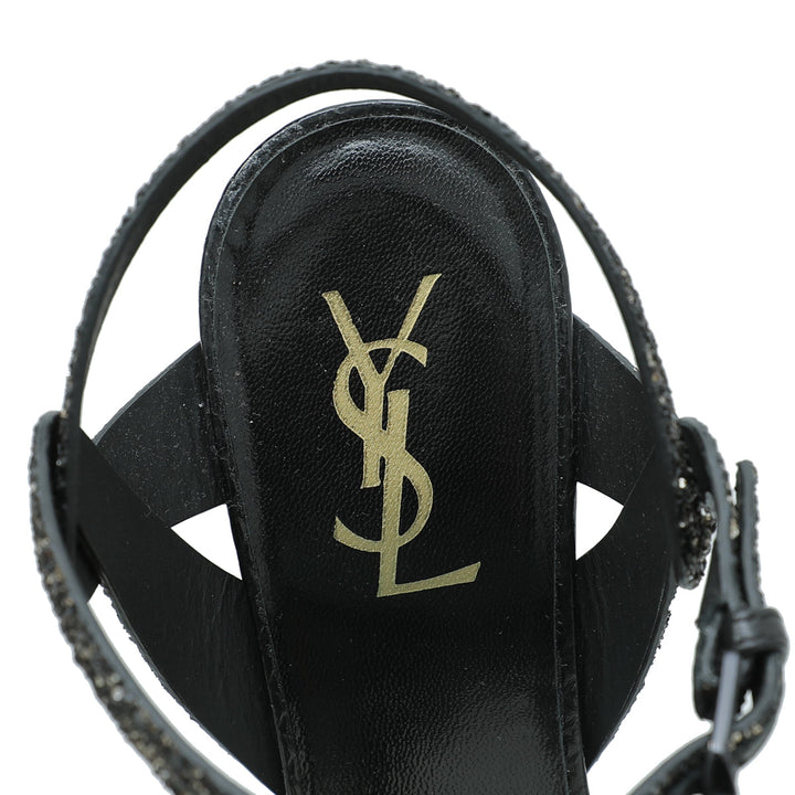 YSL Black Glitter Calfskin Ayers Mid Heel Tribute Sandals 41
