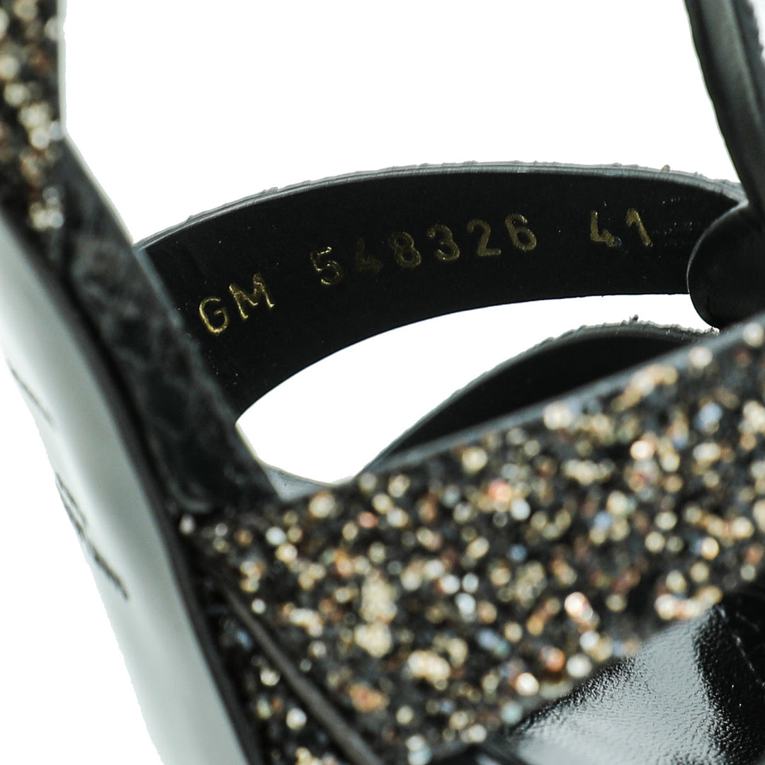 YSL Black Glitter Calfskin Ayers Mid Heel Tribute Sandals 41