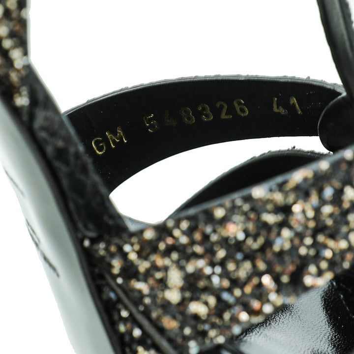 YSL Black Glitter Calfskin Ayers Mid Heel Tribute Sandals 41