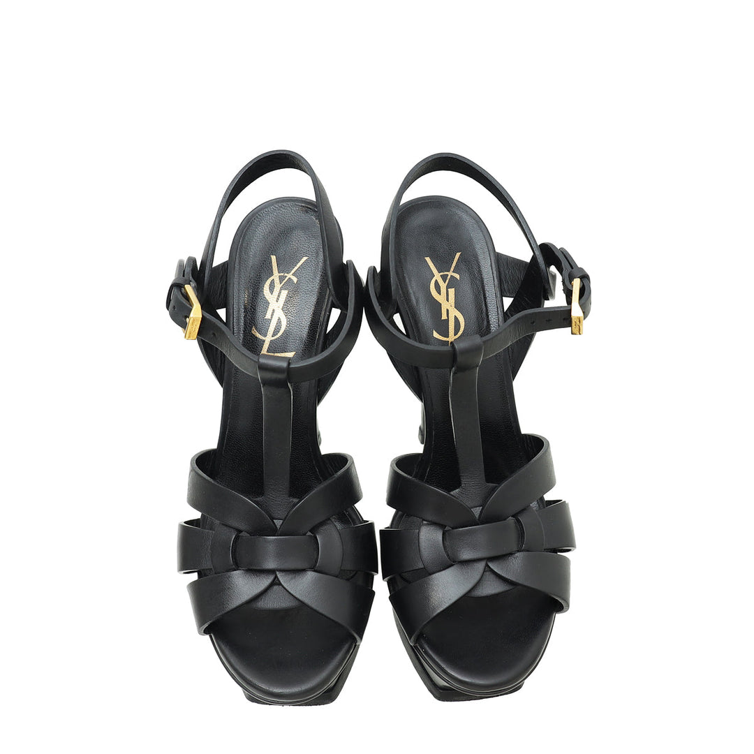 YSL Black Tribute Platform High Heeled Sandal 35