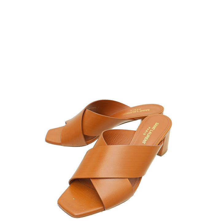 YSL Brown Loulou Criss Cross Mules 37.5