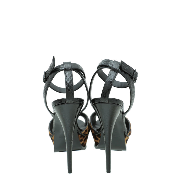 YSL Bicolor Pony Hair Leopard Print Tribute 105 Platform Sandals 37.5