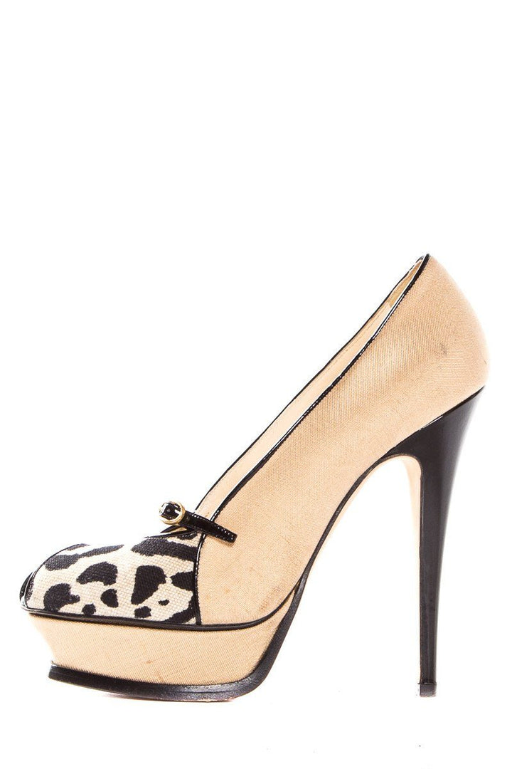 Yves Saint Laurent Tan Canvas Peep Toe Platforms SZ 38