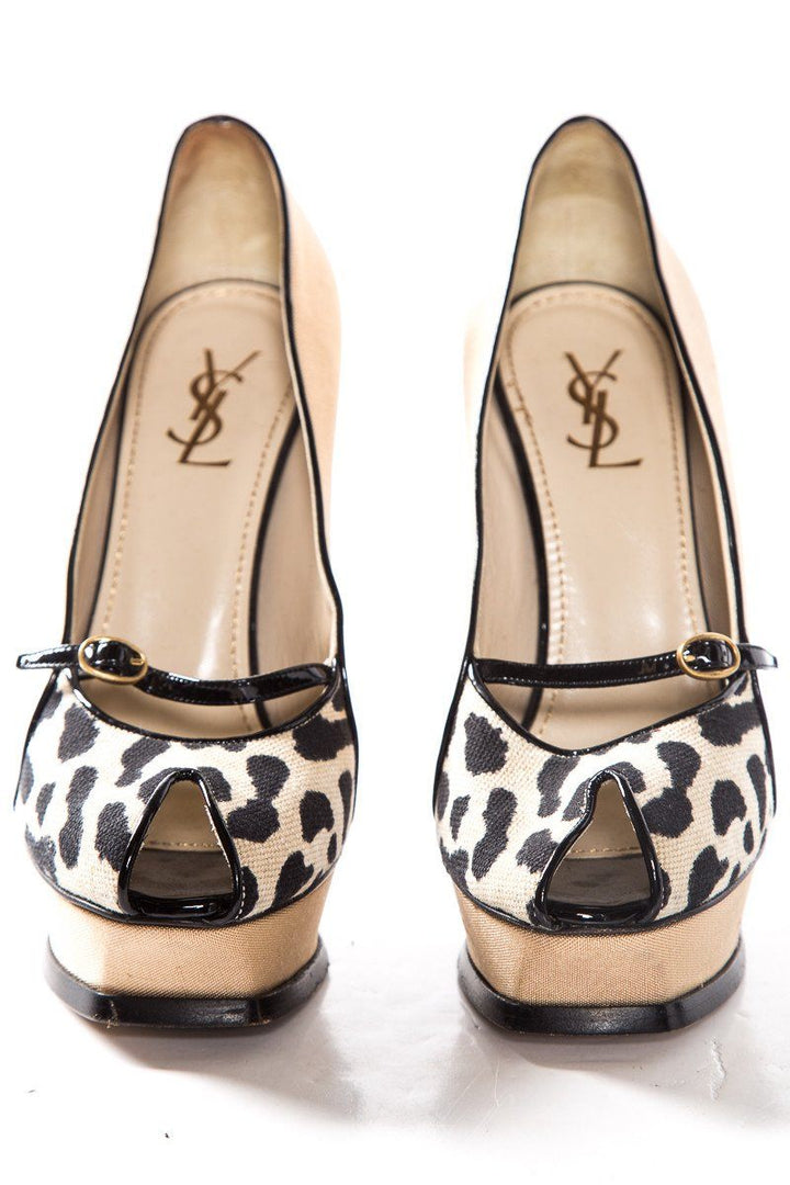Yves Saint Laurent Tan Canvas Peep Toe Platforms SZ 38