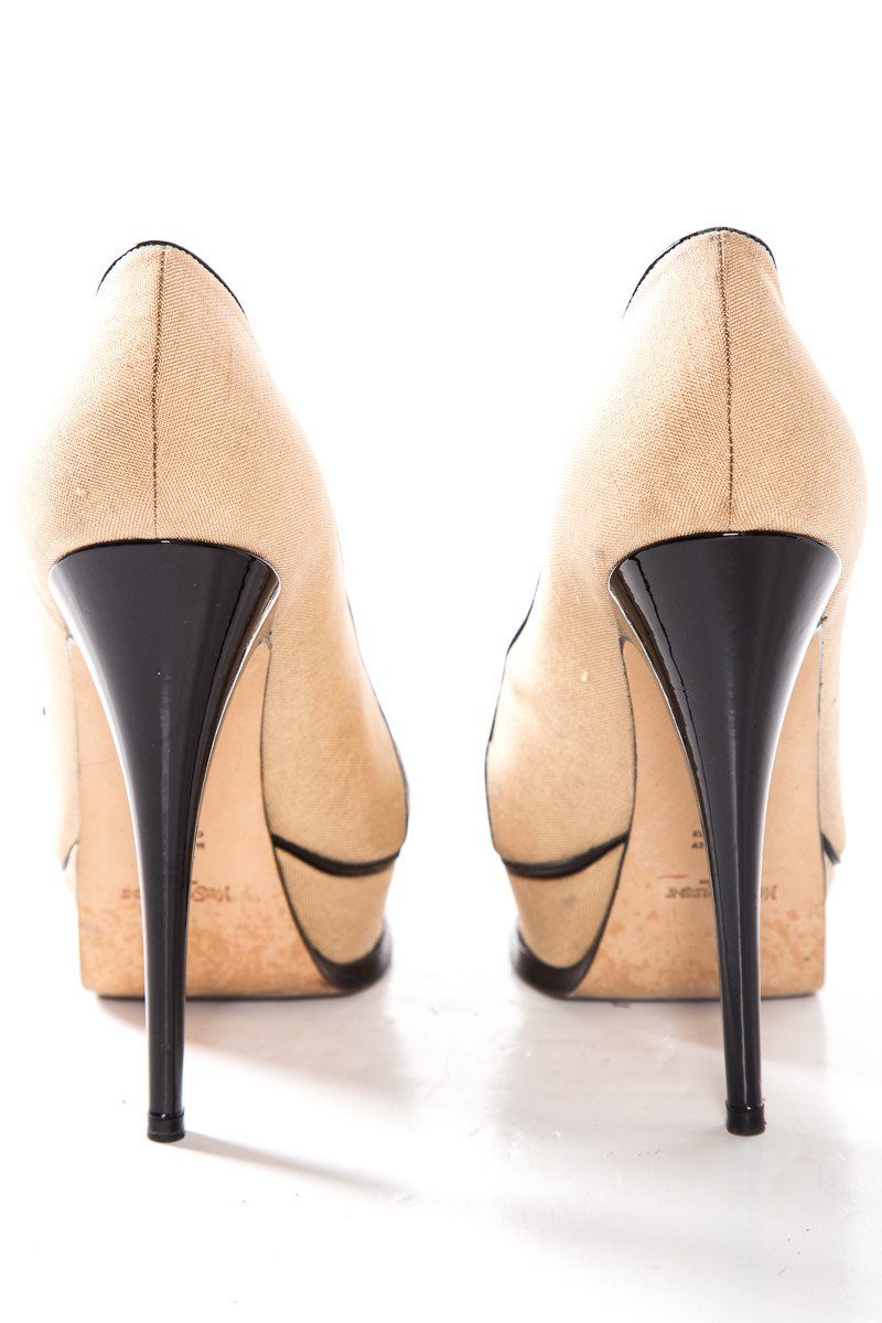 Yves Saint Laurent Tan Canvas Peep Toe Platforms SZ 38