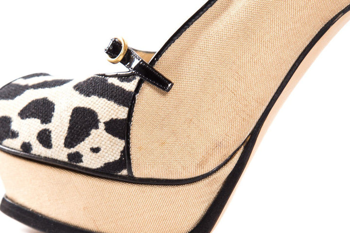 Yves Saint Laurent Tan Canvas Peep Toe Platforms SZ 38