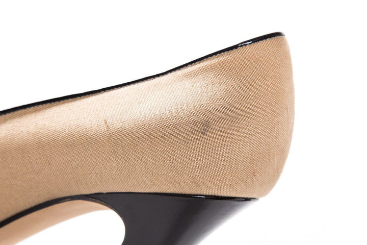 Yves Saint Laurent Tan Canvas Peep Toe Platforms SZ 38