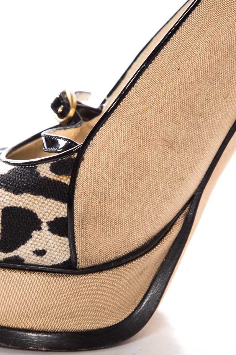 Yves Saint Laurent Tan Canvas Peep Toe Platforms SZ 38