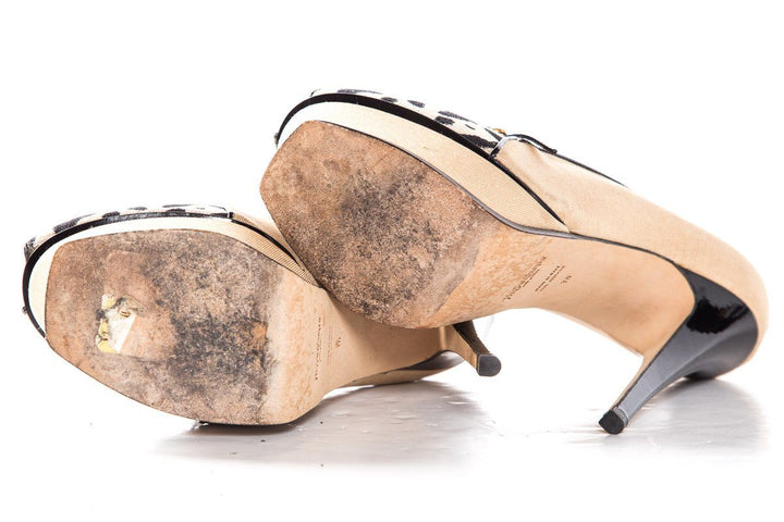 Yves Saint Laurent Tan Canvas Peep Toe Platforms SZ 38