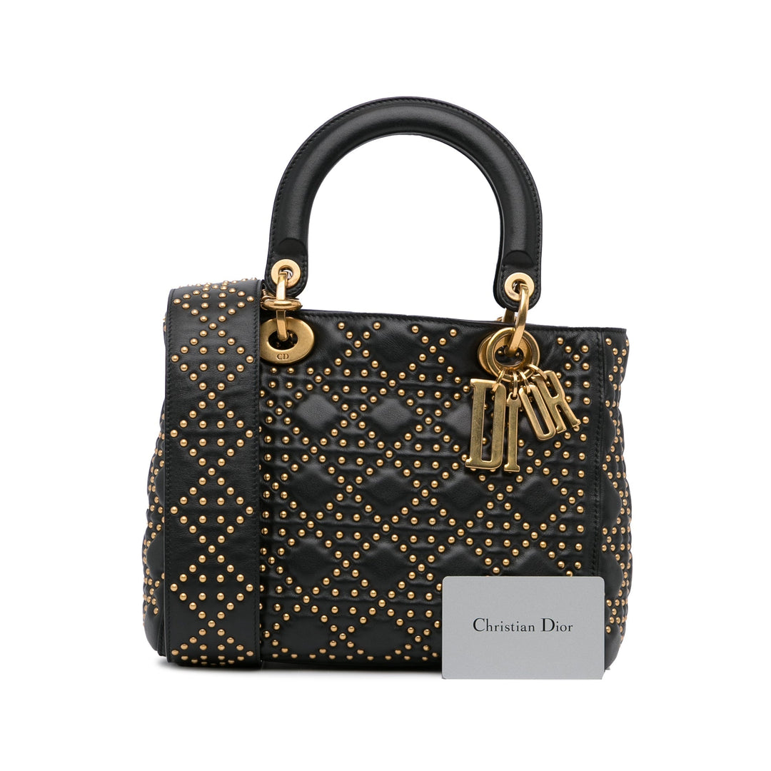 Top quality Dior Lady Top quality Dior Medium Black Supple Studded Cannage Quilted Leather Gold