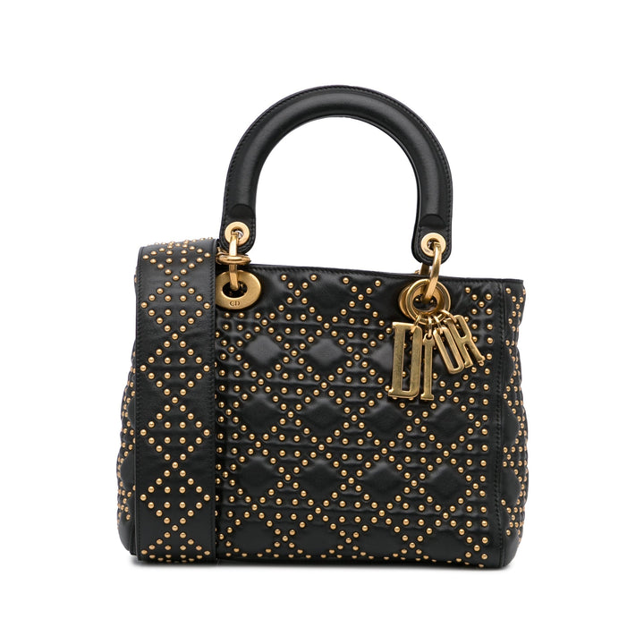 Top quality Dior Lady Top quality Dior Medium Black Supple Studded Cannage Quilted Leather Gold