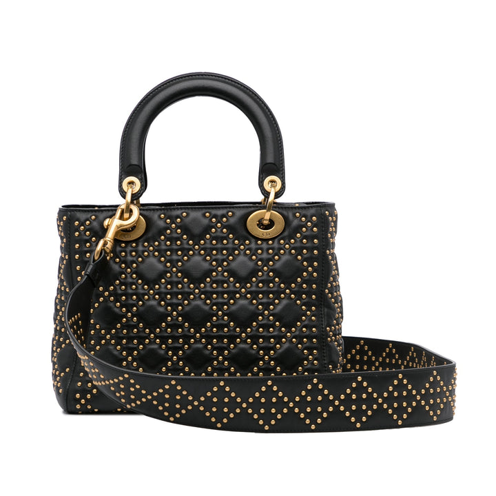 Top quality Dior Lady Top quality Dior Medium Black Supple Studded Cannage Quilted Leather Gold