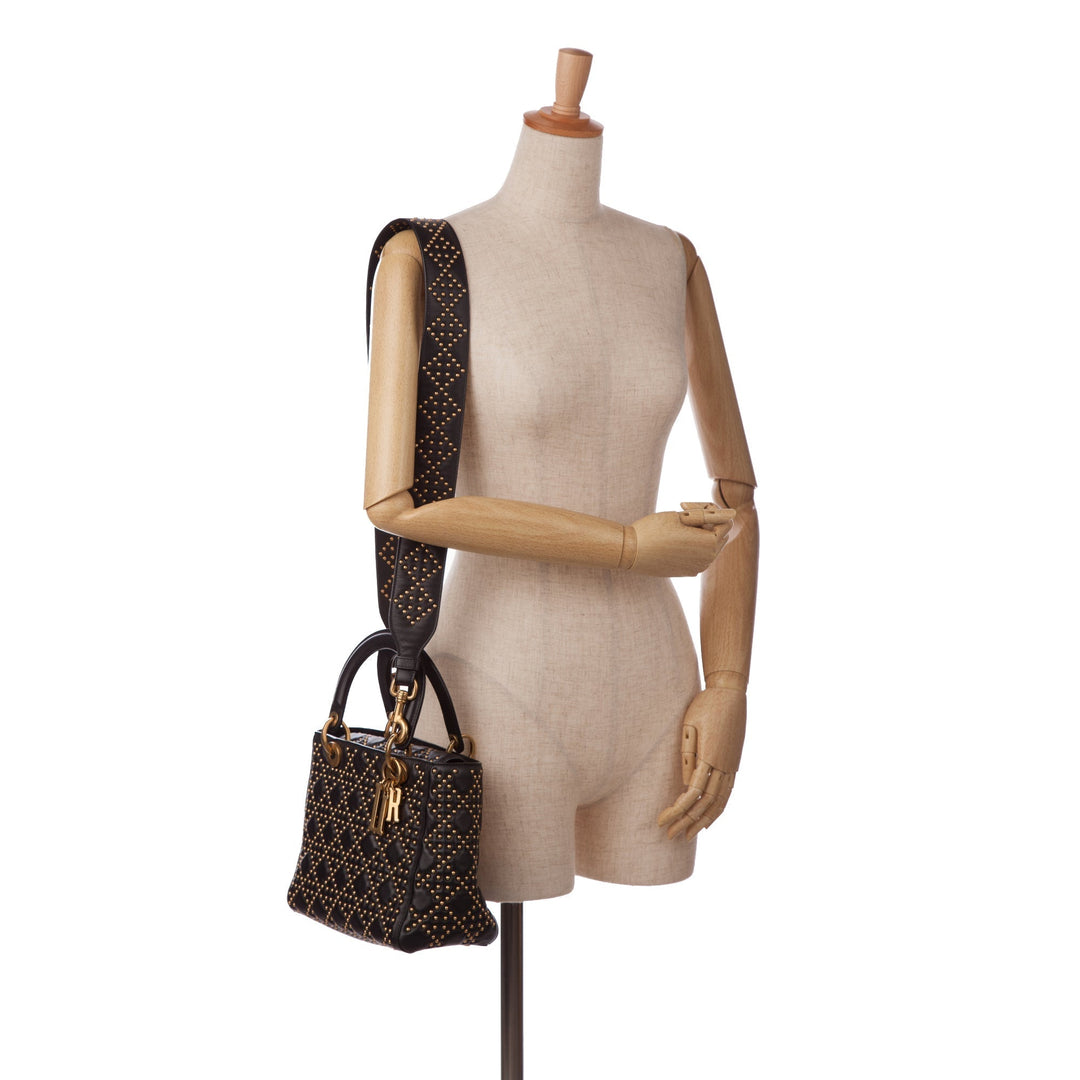 Top quality Dior Lady Top quality Dior Medium Black Supple Studded Cannage Quilted Leather Gold