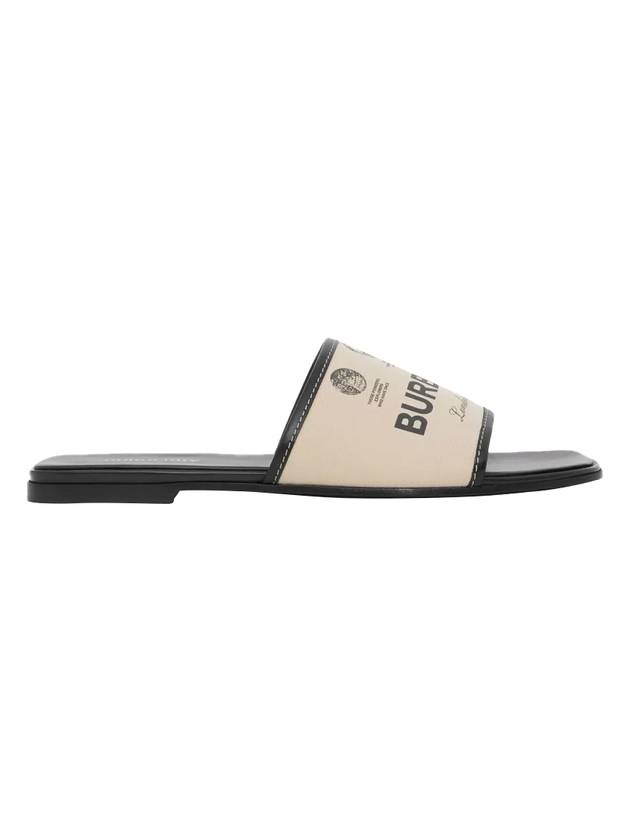 Burberry Label Print Gabardine Leather Slippers Beige