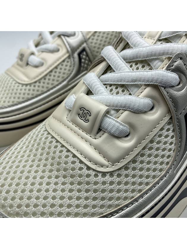 Women CC Logo Fabric Laminated Low Top Sneakers Silver Ivory Chanel