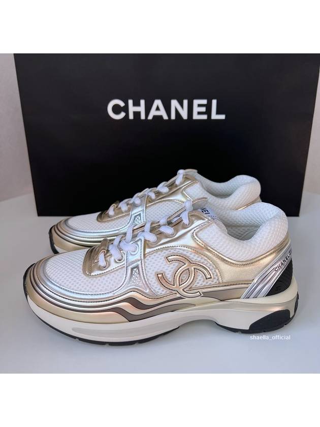 Fabric Laminated Low Top Sneakers Gold Chanel