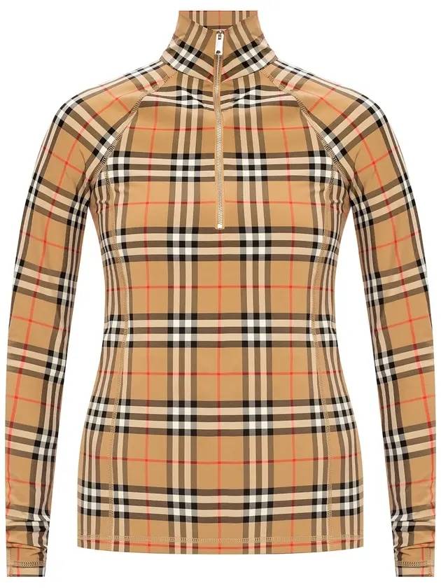 Burberry WoMen's Check Stretch Jersey Half Zip Up Long Sleeve T-Shirt Beige