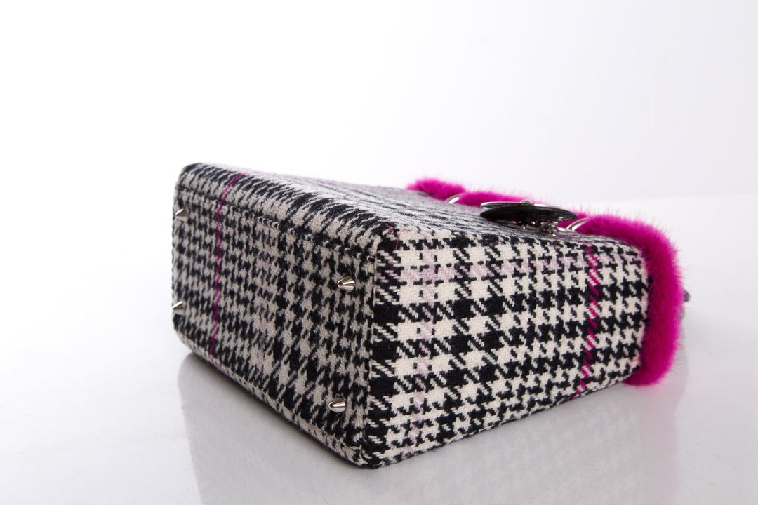 Christian Top quality Dior Black & White Wool Houndstooth Mink Trim Crocodile Handle Bag