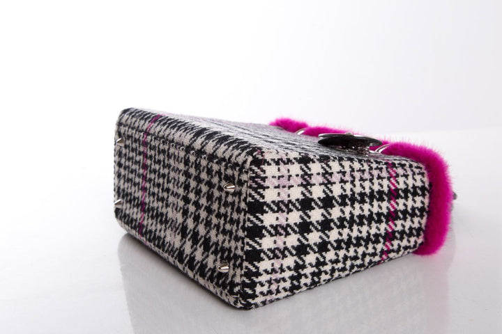 Christian Top quality Dior Black & White Wool Houndstooth Mink Trim Crocodile Handle Bag