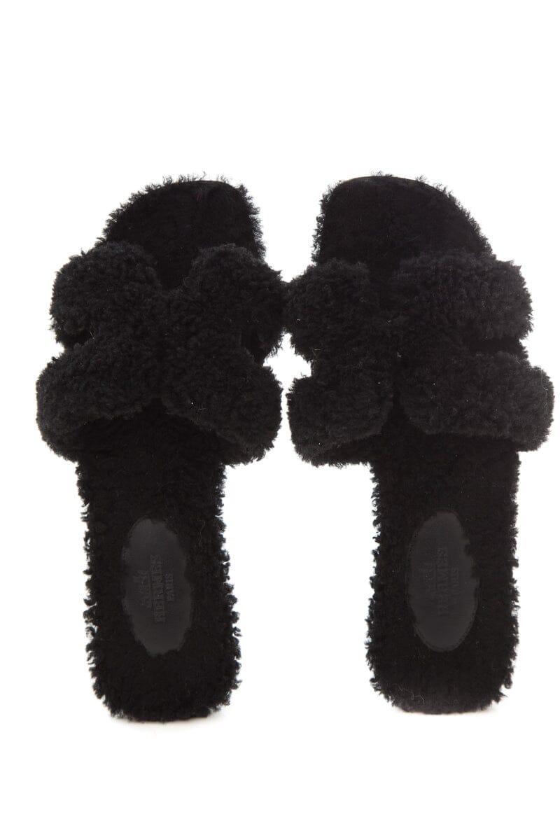Hermès "Oran" Black Shearling Slides SZ 35