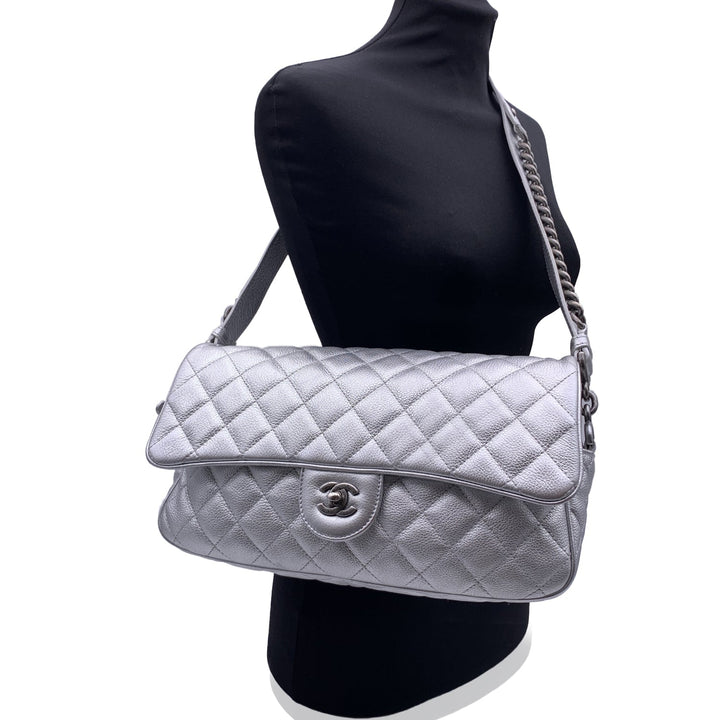 Chanel Airline 2016 Silver Quilted Leather Easy New Shoulder Bag