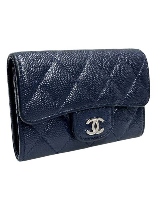 A80799 Navy caviar skin silver snap card holder business wallet Chanel