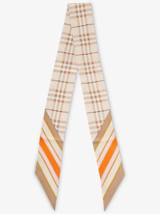 Burberry Check Print Silk Skinny Scarf White Carrot Orange