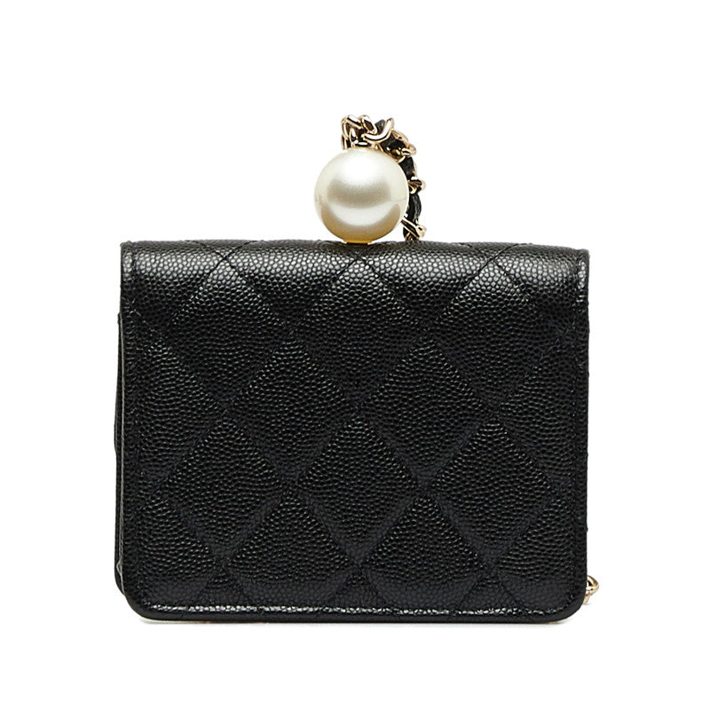 Top Quality Chanel Matrases Cocomark Fake Pearl Chain CoinPars Card Case Black Caviar   CHANEL