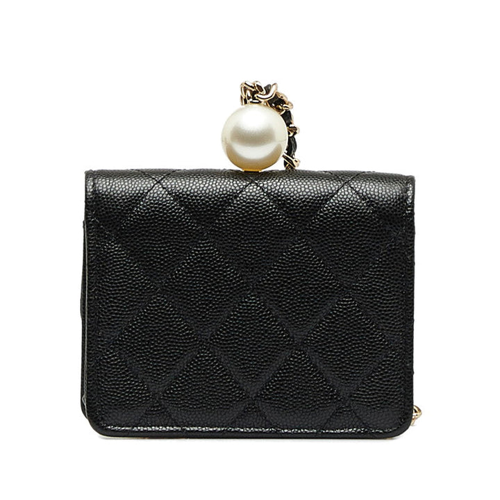 Top Quality Chanel Matrases Cocomark Fake Pearl Chain CoinPars Card Case Black Caviar   CHANEL