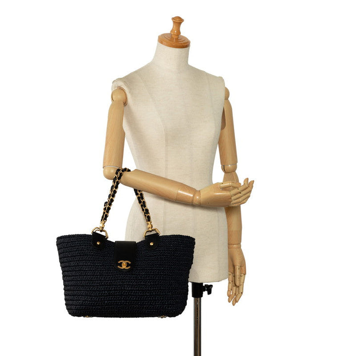 Top Quality Chanel Black Straw Chain Tote Handbag