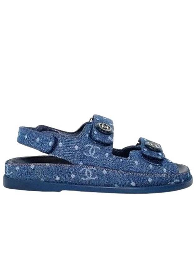 Printed Denim Velcro Sandals Blue Chanel
